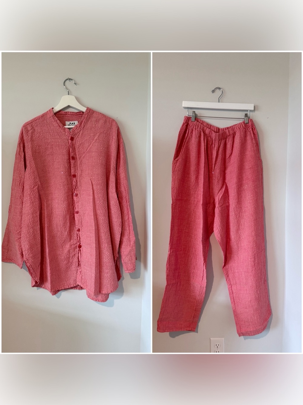 FLAX Women Outfit Set Coral Pants/blouse Casual Women L Cotton Linen Vacation